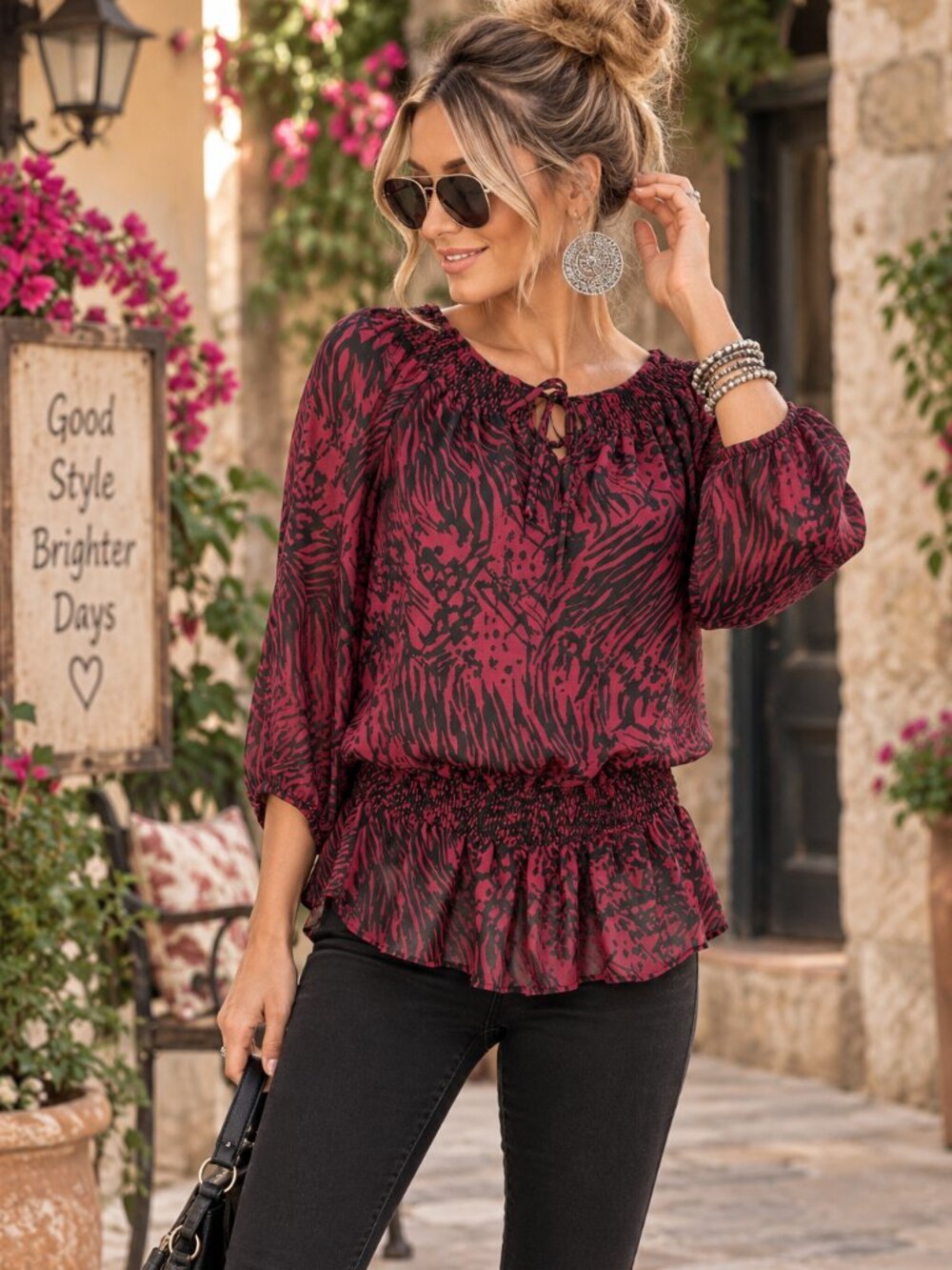 Miss Tina Tina Knowles Cranberry Zebra Print Peasant Blouse L Boho Peplum
